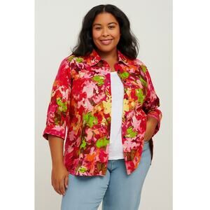 Chico's 100% Linen Shirt Jacket Womens Floral Abstract Comfy 3/4 Sleeve Sz-3/ XL